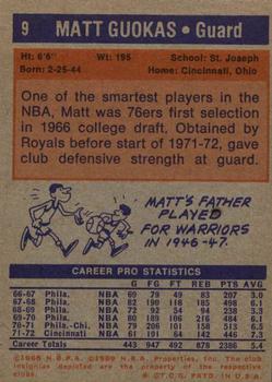 1972-73 Topps #9 Matt Guokas Back