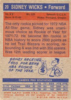 1972-73 Topps #20 Sidney Wicks Back