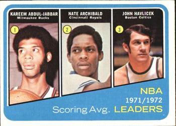 1972-73 Topps #172 1971-72 NBA Scoring Avg. Leaders (Kareem Abdul-Jabbar / Nate Archibald / John Havlicek) Front