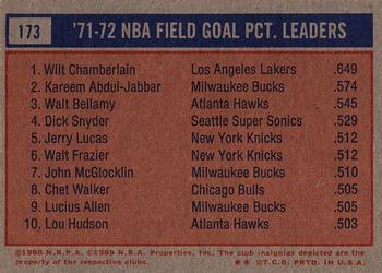 1972-73 Topps #173 1971-72 NBA Field Goal Pct. Leaders (Wilt Chamberlain / Kareem Abdul-Jabbar / Walt Bellamy) Back