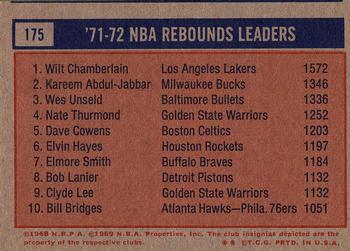 1972-73 Topps #175 1971-72 NBA Rebounds Leaders (Wilt Chamberlain / Kareem Abdul-Jabbar / Wes Unseld) Back