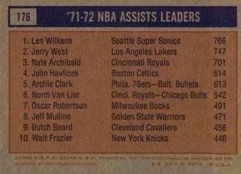1972-73 Topps #176 1971-72 NBA Assists Leaders (Len Wilkens / Jerry West / Nate Archibald) Back