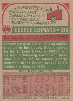 1973-74 Topps #194 George Lehmann Back
