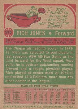 1973-74 Topps #215 Rich Jones Back
