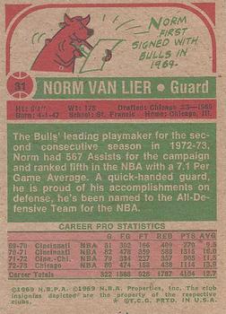 1973-74 Topps #31 Norm Van Lier Back