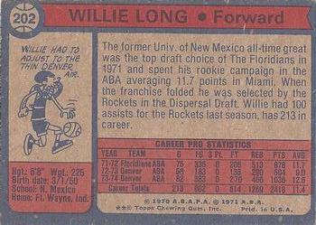 1974-75 Topps #202 Willie Long Back