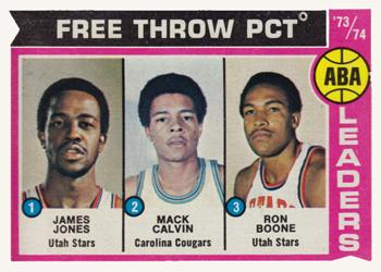 1974-75 Topps #210 ABA '73-74 Free Throw Pct. Leaders (James Jones / Mack Calvin / Ron Boone) Front