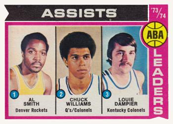 1974-75 Topps #212 ABA '73-74 ABA Assist Leaders (Al Smith / Chuck Williams / Louie Dampier) Front