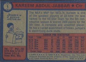 1974-75 Topps #1 Kareem Abdul-Jabbar Back