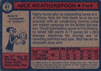 1974-75 Topps #61 Nick Weatherspoon Back
