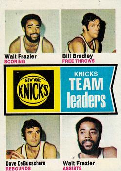 1974-75 Topps #93 New York Knicks Team Leaders (Walt Frazier / Bill Bradley / Dave DeBusschere) Front