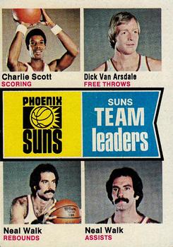 1974-75 Topps #95 Phoenix Suns Team Leaders (Charlie Scott / Dick Van Arsdale / Neal Walk) Front