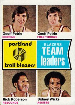 1974-75 Topps #96 Portland Trail Blazers Team Leaders (Geoff Petrie / Rick Roberson / Sidney Wicks) Front