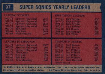 1974-75 Topps #97 Seattle Supersonics Team Leaders (Spencer Haywood / Dick Snyder / Fred Brown) Back