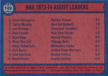 1974-75 Topps #149 NBA '73-74 Assist Leaders (Ernie DiGregorio / Calvin Murphy / Len Wilkens) Back