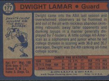 1974-75 Topps #177 Dwight Lamar Back