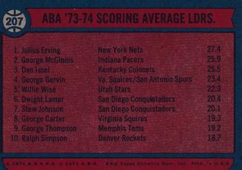 1974-75 Topps #207 ABA '73-74 Scoring Average Leaders (Julius Erving / George McGinnis / Dan Issel) Back