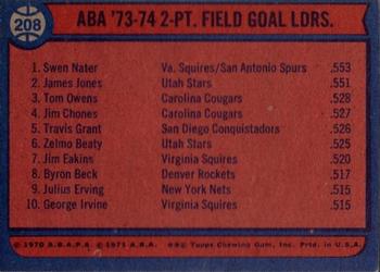 1974-75 Topps #208 ABA '73-74 Two-Point Field Goal Leaders (Swen Nater / James Jones / Tom Owens) Back