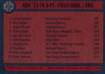 1974-75 Topps #209 ABA '73-74 Three-Point Field Goal Leaders (Louie Dampier / Billy Keller / Roger Brown) Back