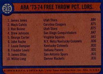 1974-75 Topps #210 ABA '73-74 Free Throw Pct. Leaders (James Jones / Mack Calvin / Ron Boone) Back