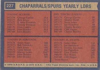 1974-75 Topps #227 San Antonio Spurs Team Leaders (George Gervin / Swen Nater / James Silas) Back