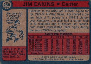 1974-75 Topps #258 Jim Eakins Back
