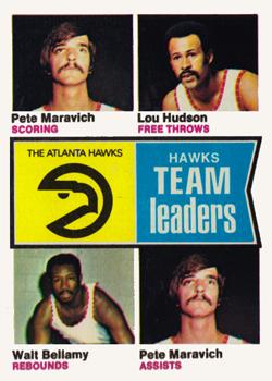 1974-75 Topps #81 Atlanta Hawks Team Leaders (Pete Maravich / Lou Hudson / Walt Bellamy) Front