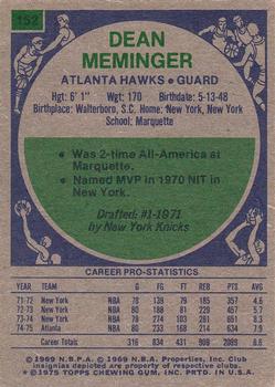 1975-76 Topps #152 Dean Meminger Back