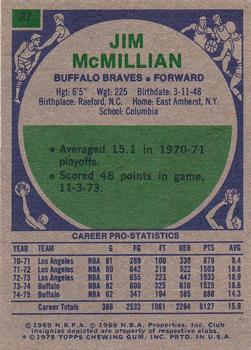 1975-76 Topps #27 Jim McMillian Back