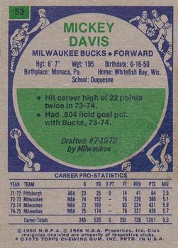 1975-76 Topps #53 Mickey Davis Back