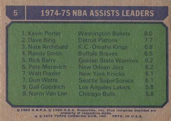 1975-76 Topps #5 NBA Assists Leaders (Kevin Porter / Dave Bing / Nate Archibald) Back