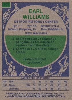 1975-76 Topps #109 Earl Williams Back