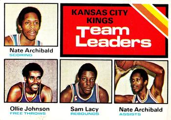 1975-76 Topps #124 Kansas City Kings Team Leaders (Nate Archibald / Ollie Johnson / Sam Lacey) Front
