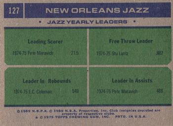 1975-76 Topps #127 New Orleans Jazz Team Leaders (Pete Maravich / Stu Lantz / E.C. Coleman) Back