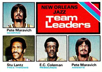 1975-76 Topps #127 New Orleans Jazz Team Leaders (Pete Maravich / Stu Lantz / E.C. Coleman) Front