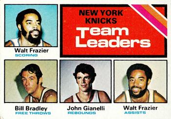 1975-76 Topps #128 New York Knicks Team Leaders (Walt Frazier / Bill Bradley / John Gianelli) Front