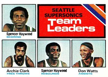 1975-76 Topps #132 Seattle SuperSonics Team Leaders (Spencer Haywood / Archie Clark / Don Watts) Front