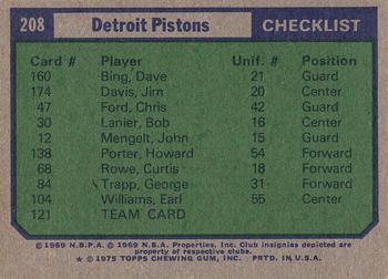 1975-76 Topps #208 Detroit Pistons Back