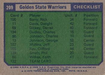 1975-76 Topps #209 Golden State Warriors Back