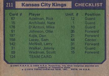 1975-76 Topps #211 Kansas City Kings Back