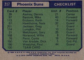 1975-76 Topps #217 Phoenix Suns Back