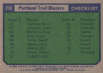 1975-76 Topps #218 Portland Trail Blazers Back