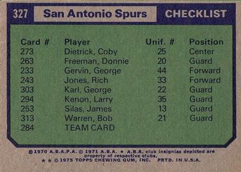 1975-76 Topps #327 San Antonio Spurs Back