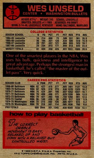 1976-77 Topps #5 Wes Unseld Back
