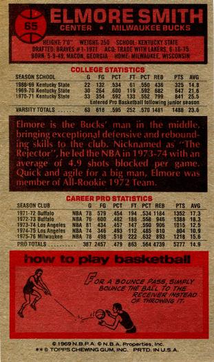1976-77 Topps #65 Elmore Smith Back