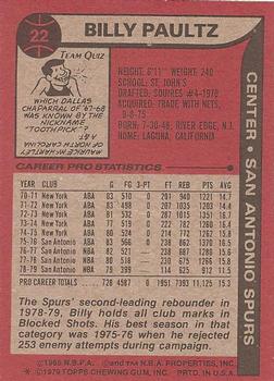 1979-80 Topps #22 Billy Paultz Back