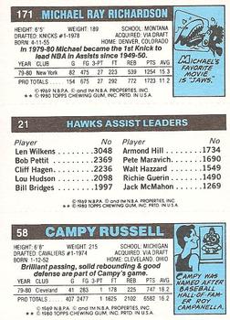 1980-81 Topps #21 / 58 / 171 Campy Russell / Armond Hill / Micheal Ray Richardson Back