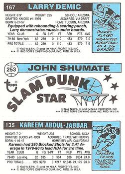 1980-81 Topps #135 / 167 / 253 Kareem Abdul-Jabbar / John Shumate / Larry Demic Back