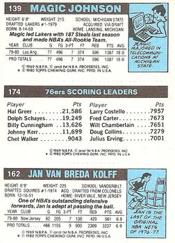 1980-81 Topps #139 / 162 / 174 Jan van Breda Kolff / Julius Erving / Magic Johnson Back
