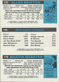 1980-81 Topps #155 / 172 / 239 Marvin Webster / Eddie Jordan / Allan Bristow Back